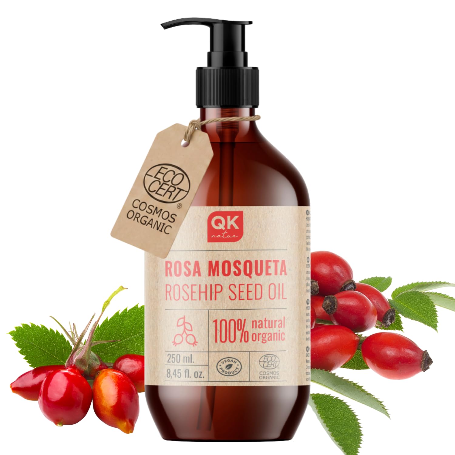 QKnatur - Huile de Rose Musquée 100% Naturel Bio Vegan - 250 ml - Cicatrices et Vergetures - Anti-rides Anti-âge - BIO - Pressée à Froid