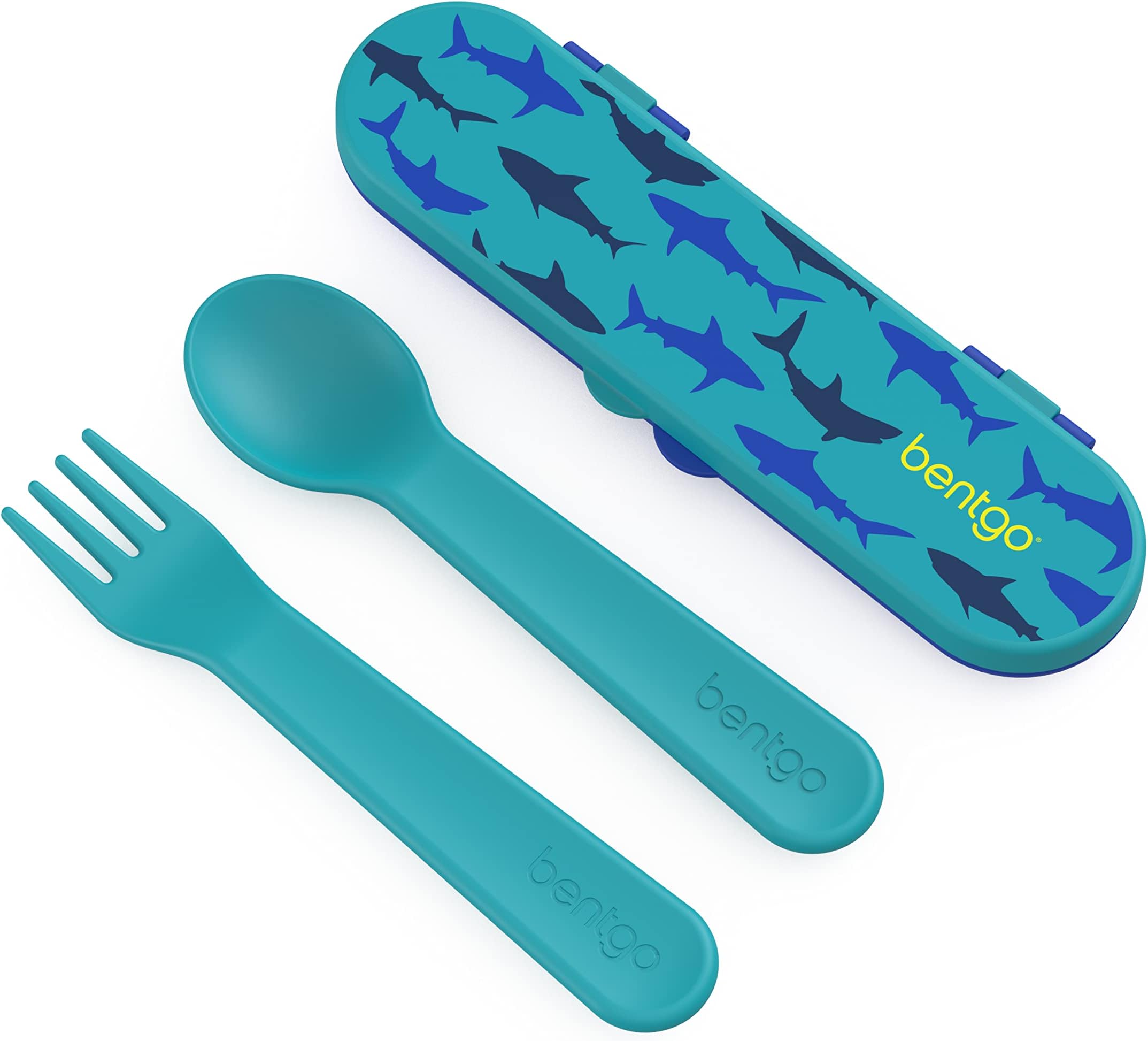 Kids Utensil Set - Reusable Plastic Fork, Spoon & Storage Case - BPA-Free Materials, Easy-Grip Handles, Dishwasher Safe - Ideal for School Lunch, Travel, & Outdoors (Shark)
