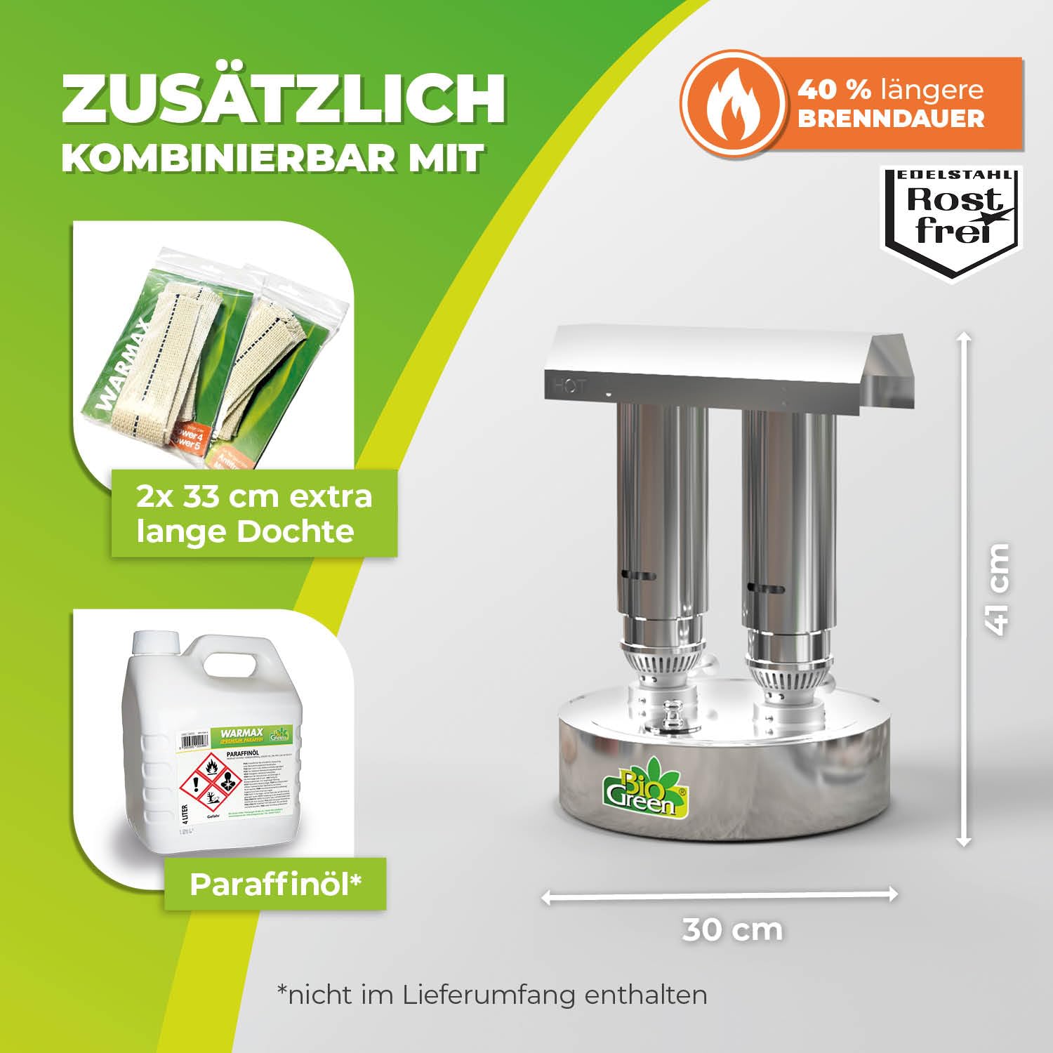 Bio Green Paraffin-Gewächshaus-Heizung WARMAX Power 5 aus Edelstahl | max. 600 Watt | für Gewächshäuser bis 5 m² | max. 3,5 Tage Brenndauer/Füllung