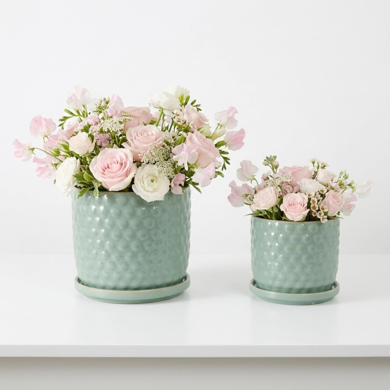 Decorative Ceramic Flower Pot Planter with Saucer for Home Decor - Bedroom or Entryway Accent for Indoor Plants - Decorative Plant Pots for Garden, Patio, or Porch - Set of 2, 7", 6", Green