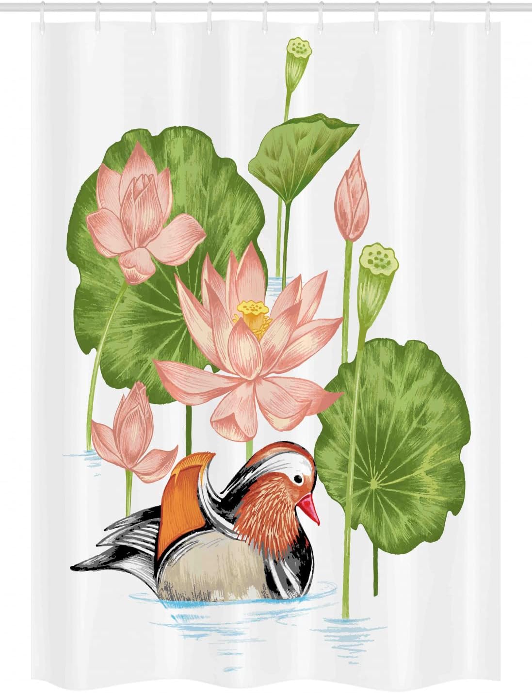 Ambesonne Rubber Duck Stall Shower Curtain, Mandarin Duckling in Pond with Lotus Lily Flowers Water Painting, Fabric Bathroom Decor Set with Hooks, 54" W x 78" L, White Green Pink