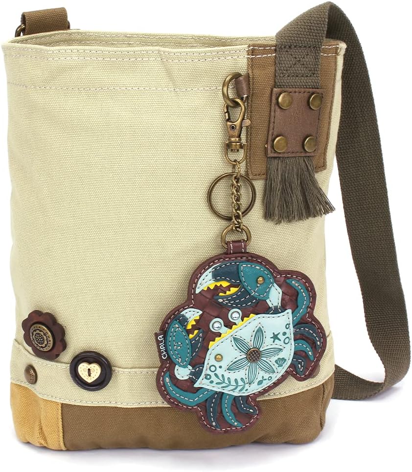 CHALA Patch Cross-Body Women Handbag, Sand Color Canvas Messenger Bag - Teal Crab - Sand