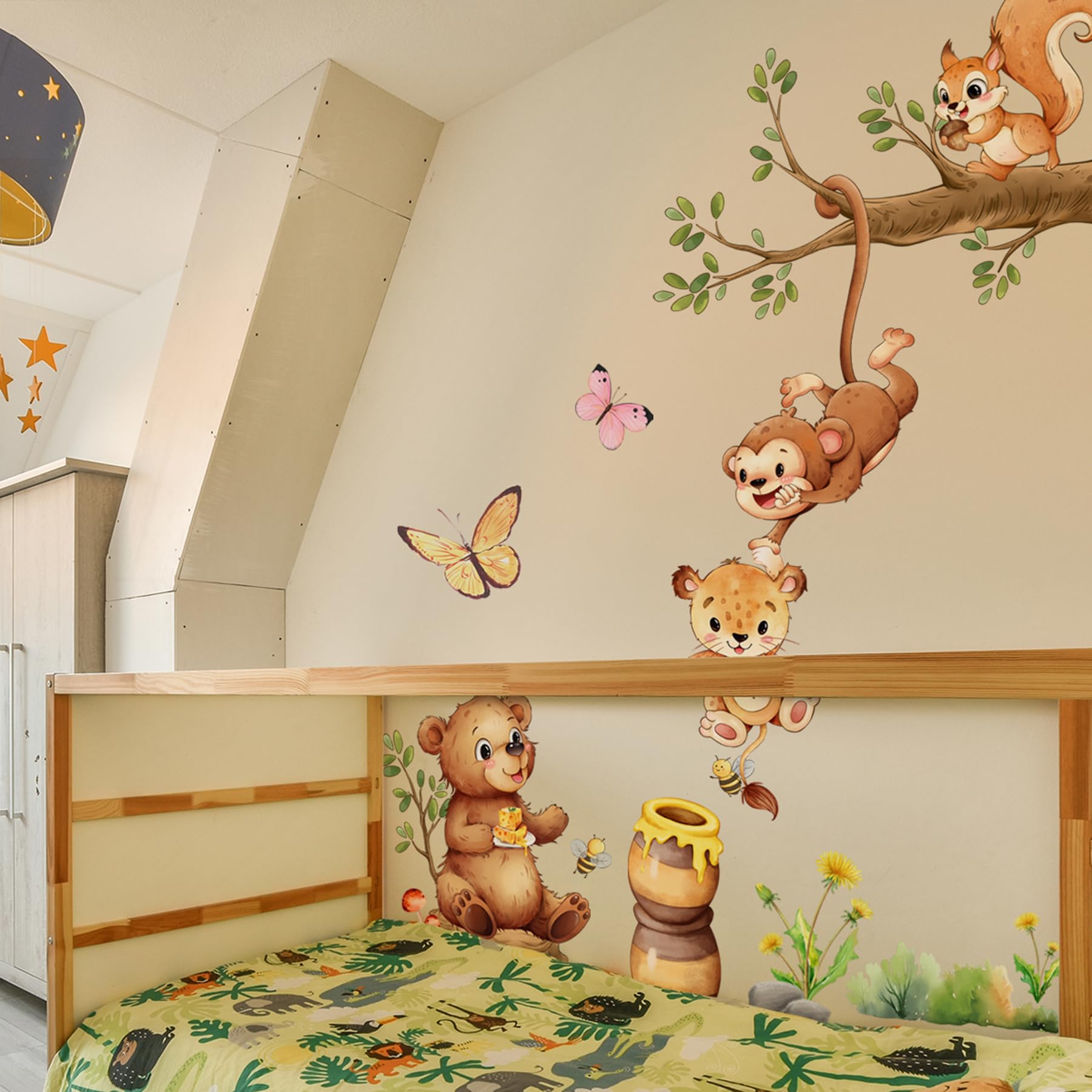 2 Sheets Animal Wall Decals Peel and Stick Woodland Wall Decal Removable Jungle Wallpaper Monkey Baby Bear Forest Nursery Decor for Kids Bedroom