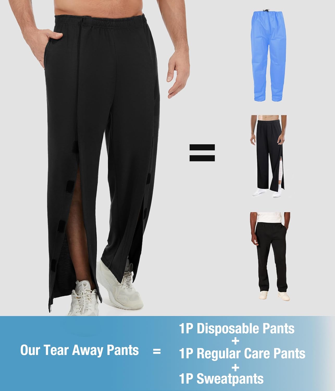Men's Tear Away Baggy Wide Leg Easy Open Side Pants Casual Post-Surgery Moisture Wicking Sweatpants with Pockets - Image 5