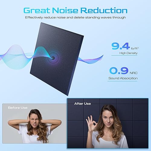 Miniatura 3 de Paquete de 12 paneles acústicos autoadhesivos, paneles de espuma de alta densidad a prueba de sonido de 12 x 12 x 0.4 pulgadas para paredes, paneles