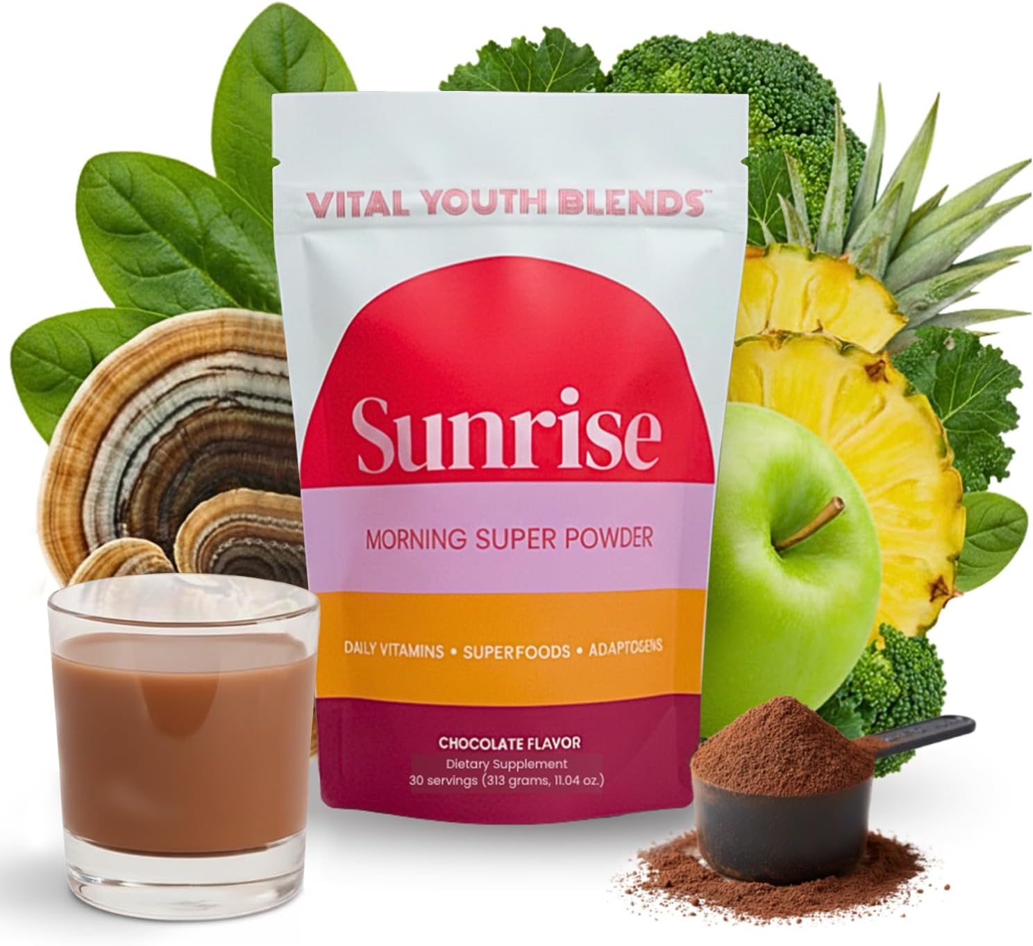 VYB All-in-One Super Powder with Vitamins, Superfoods, Probiotics, Functional Mushrooms, & DIM for Gut Health, Energy, Mood, Hormone Support & Wellness -Chocolate Flavor - 30 Servings