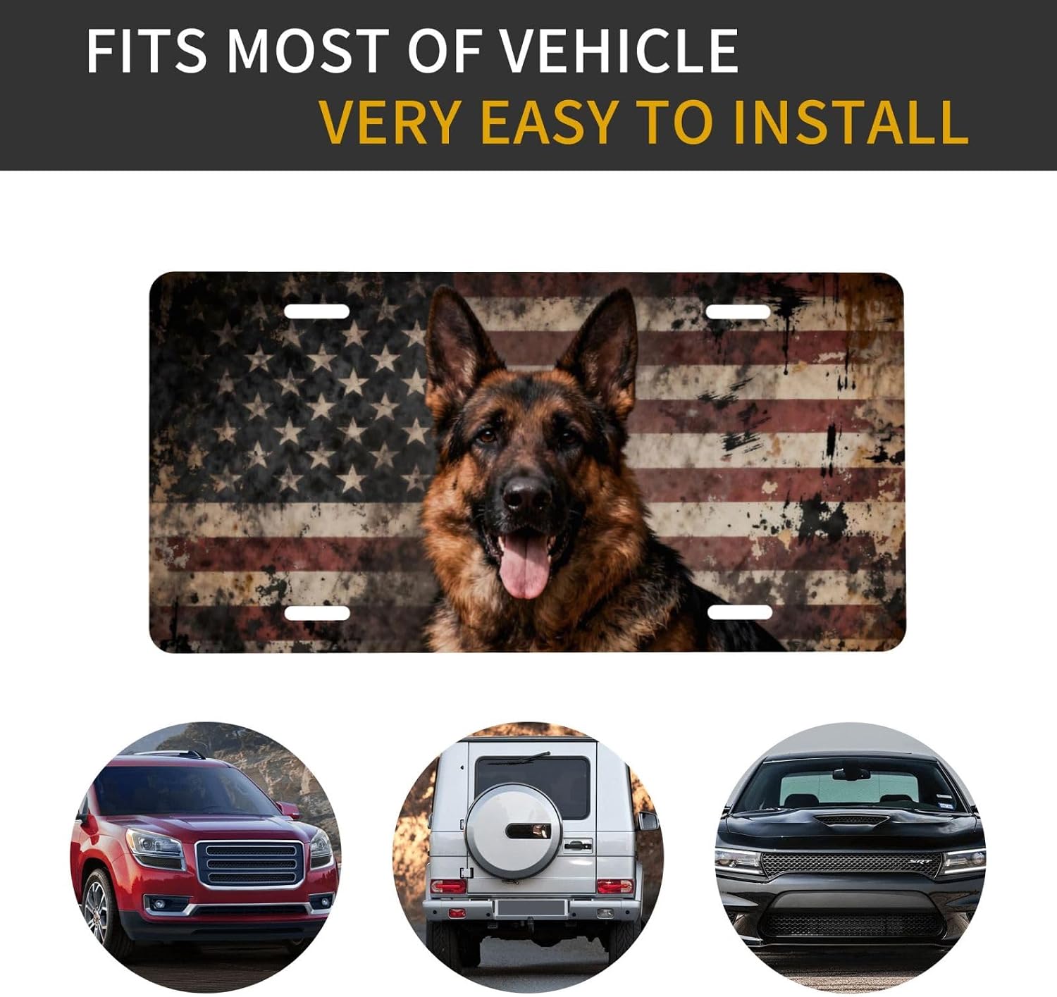 German Shepherd Dog American Flag Front License Plate Car Decorative License Plates Aluminum Metal Decor Accessory Novelty Vanity Tag Cover with 4 Holes for Men Women 6" X 12"