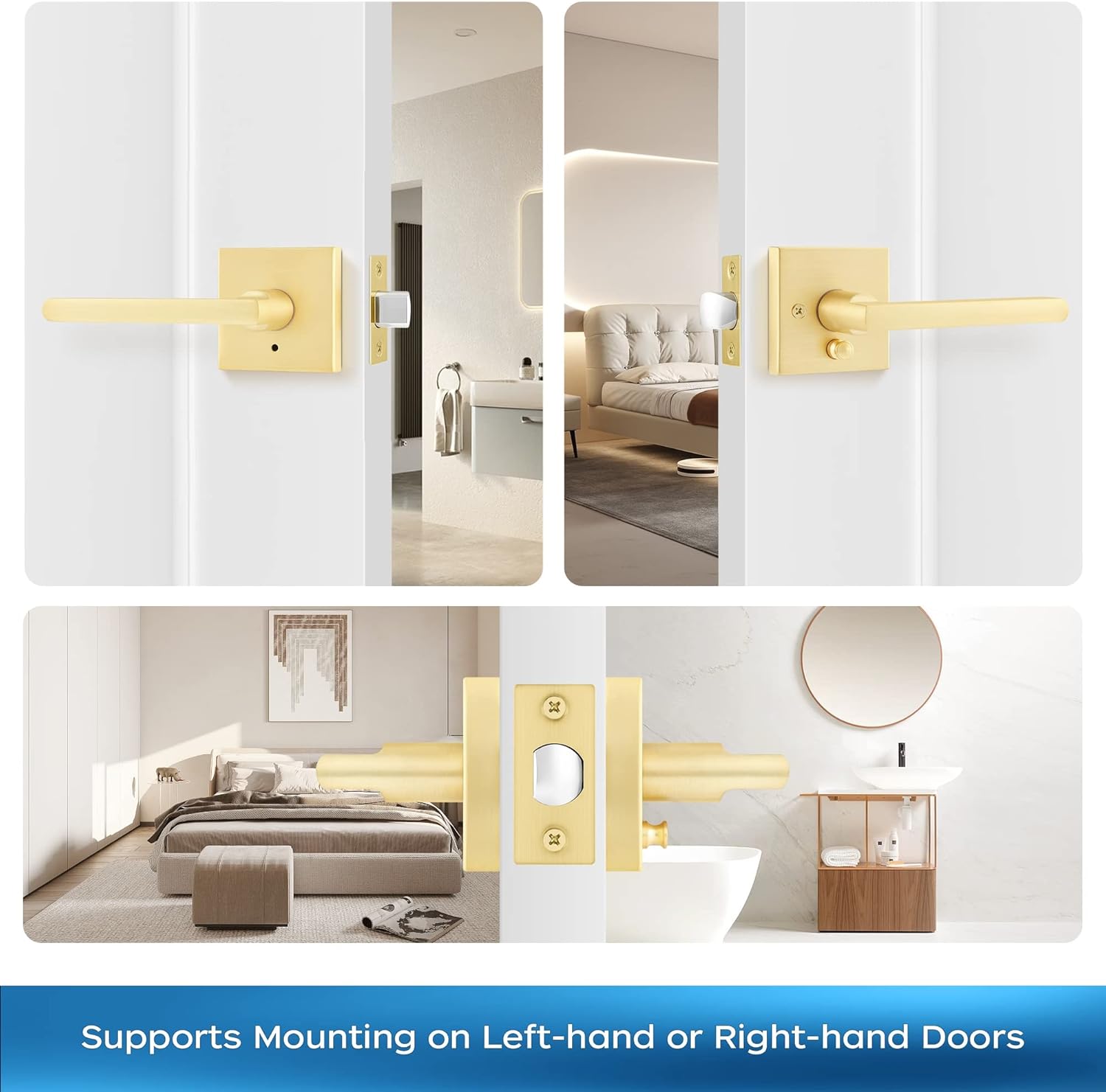 Leydebong 2 Pack Door Handle Gold Heavy Duty Interior Door Knob for Bedroom & Bathroom, Keyless Privacy Door Lever, Modern Square Door Handle