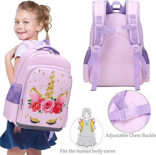 Miniatura 5 de JIANYA Mochila infantil para niñas escolares preescolares con lonchera y correa para el pecho, 15 pulgadas de alto
