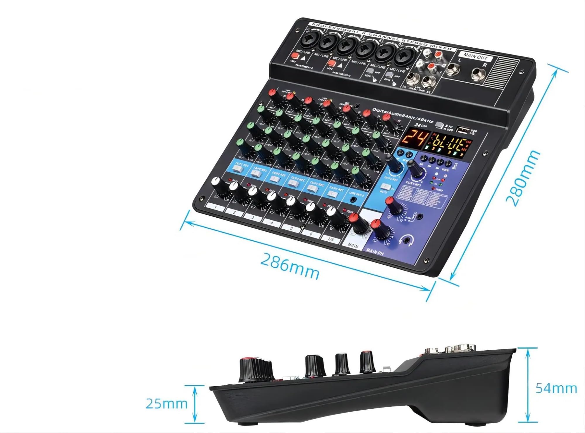 Mezclador de audio, Mesa de mezclas sonido for DJ 8 canales Mezclador efectos 24 DSP Bluetooth PC Grabación reproducción USB