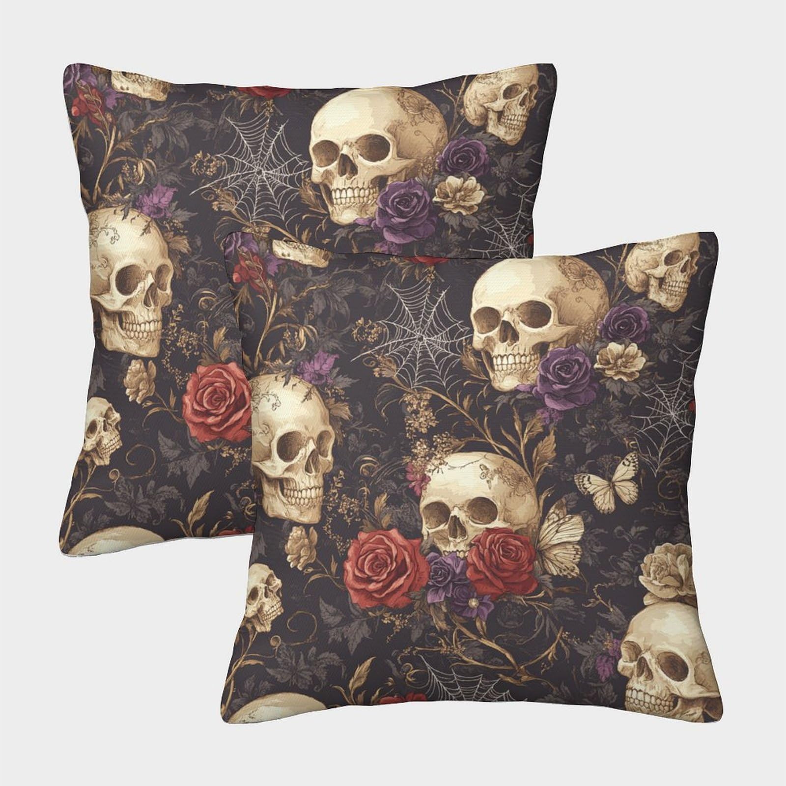 kaiyun 2 Pack Rose, Skull - Spider Web And Butterfly Personalised Cushion Cover Home Sofa Decoration 40x40cm Pillow Covers