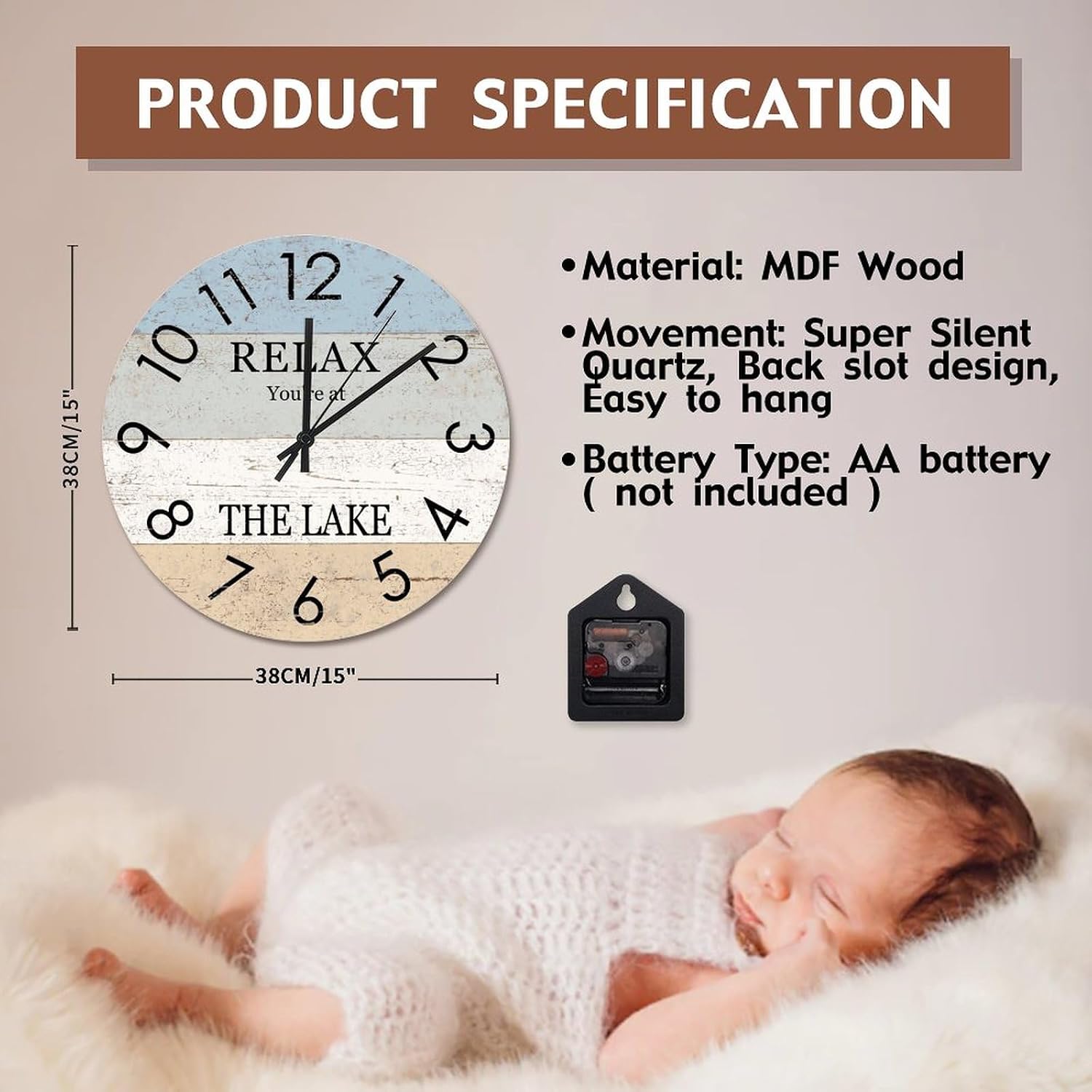 Relax You're on The Lake Wall Clock Lake House Wall Clocks Battery Operated 15 Inch Silent Non-Ticking Rutic Hanging Clock for Bedroom Living Room Farmhouse Wall Decor