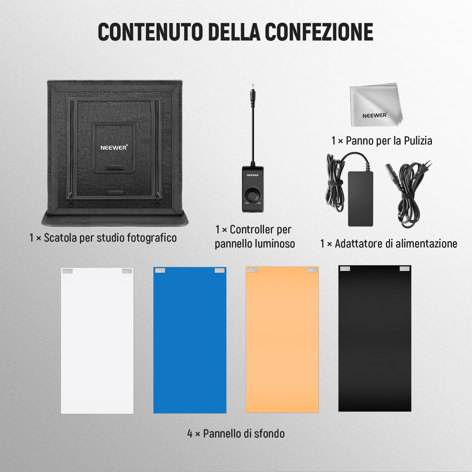 NEEWER Box Fotografico Studio Light Aggiornato 60x60cm Antiriflesso 4 Sfondi Colorati Panno Pulizia 160 LED 5600K CRI97+ Mini Scatola Fotografica da Tavolo per Foto Gioielli Elettronica Prodotti,LP60