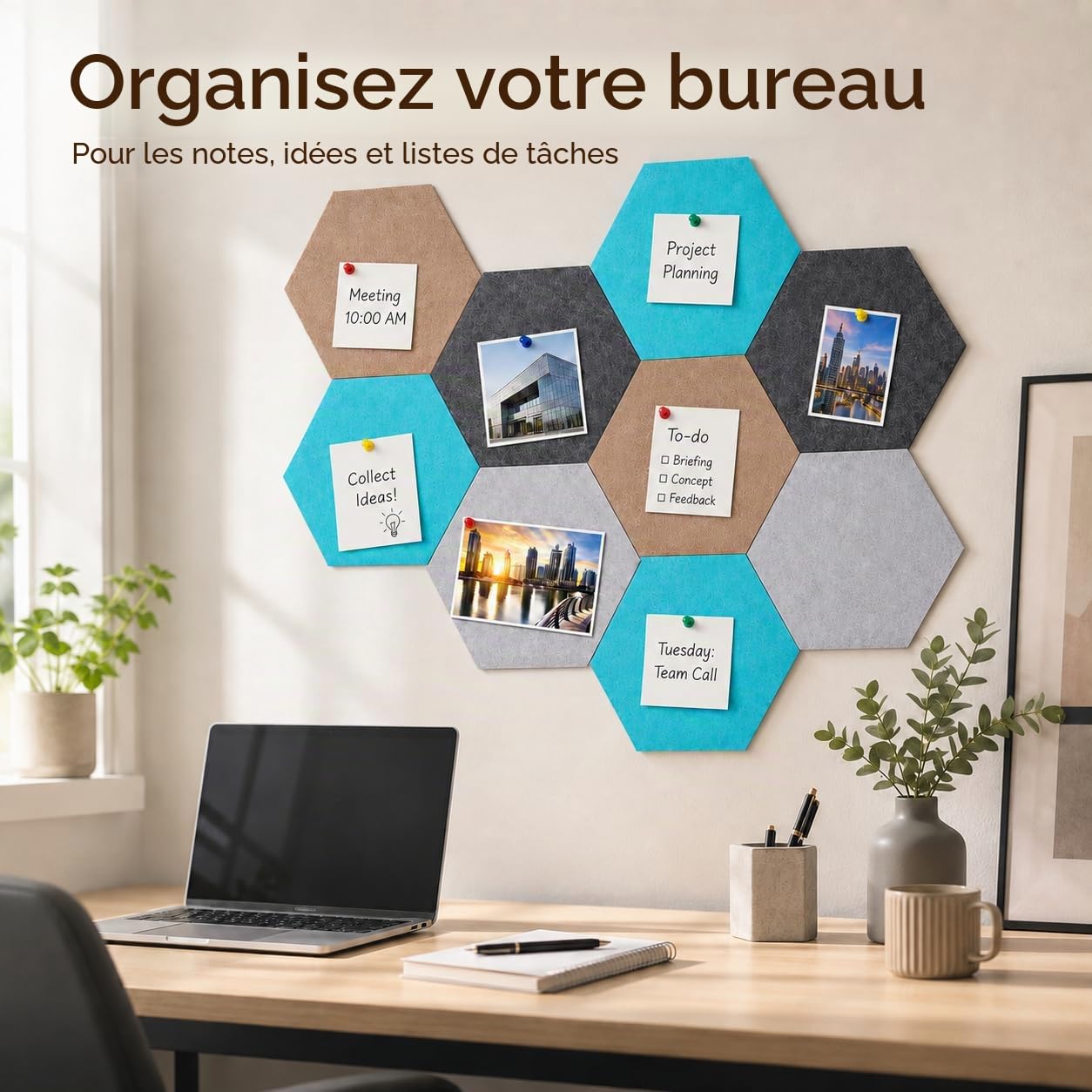 10PCS Panneau Liège Mural Hexagonal, Tableau en Liège avec 20 Épingles, DIY Plaque de Liège Colorée pour Maison Bureau (20x17cm)