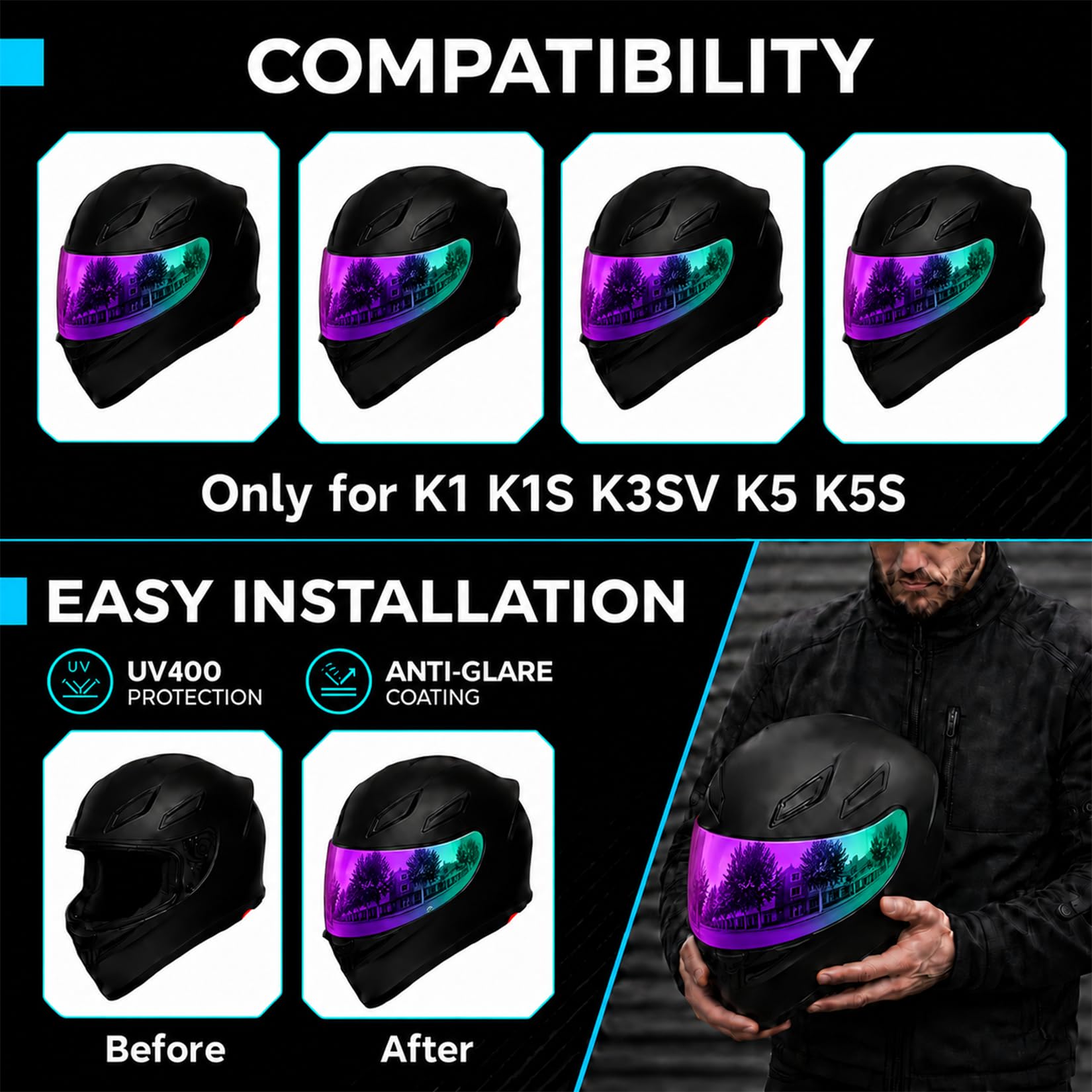PSLER k1s Visor Przyciemniany wizjer k5 Zamiennik osłony twarzy dla k1 k1s k3 sv k5, głęboki fiolet