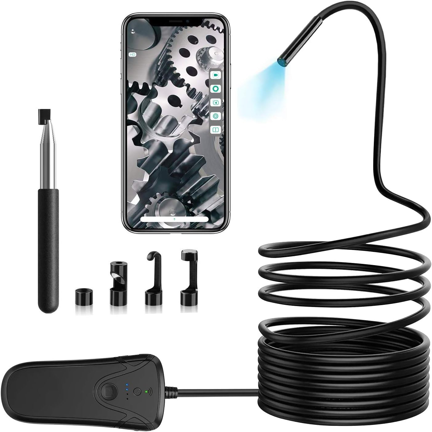 Wireless Endoscope with smartphone display, flexible cable, Wi-Fi box, and accessories
