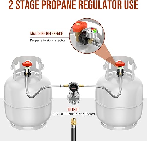 Miniatura 4 de Regulador de propano de 2 etapas de cambio automático para caravana, 2 tanques, manguera de propano LP de 18 pulgadas con manómetro, manguera