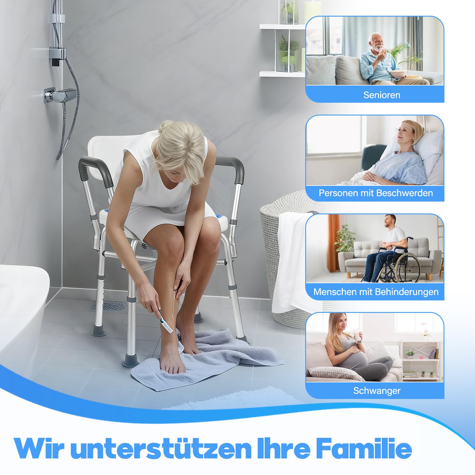 Duschhocker für Senioren - 210 KG Duschstuhl mit Rückenlehne und Armlehne, Höhenverstellbar Duschhilfe für Ältere, Schwangere, Menschen mit eingeschränkter Mobilität, Badewanne, Dusche, Fußhocker
