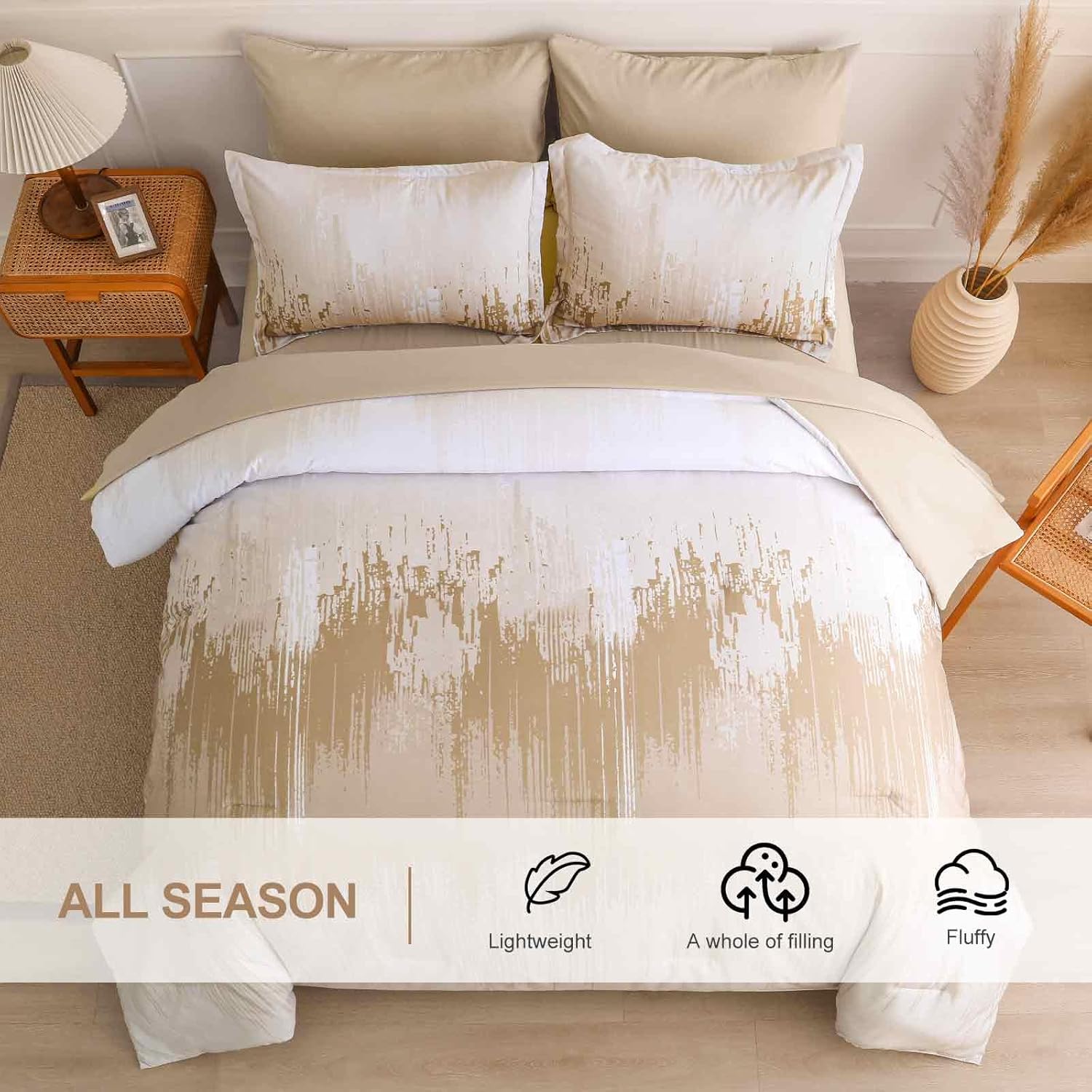 WONGS BEDDING Comforter Set King, Ombre Beige 7 Pieces Bed in a Bag Colorful Abstract Art Gradient Comforter Soft Microfiber Bedding Set with Flat Sheet, Fitted Sheet, Pillow Shams, Pillowcases - Image 4