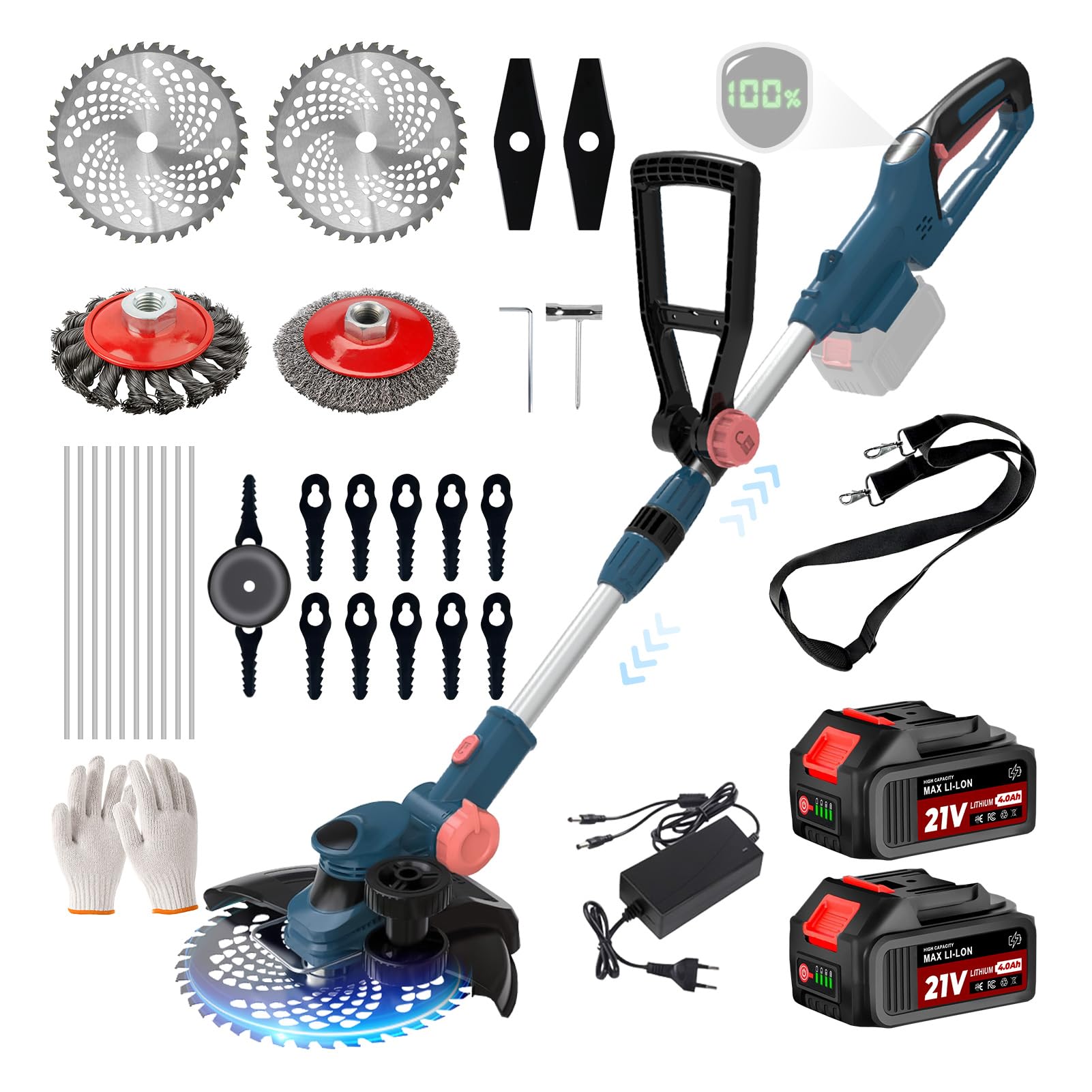 Rasentrimmer mit Akku für Makita Akkus, 2 in 1 Rasentrimmer/Kantenschneider, 21V Freischneider Akku mit 2 x 4.0Ah Akkus & 5 Klingentypen, Rasentrimmer mit Unkrautbürste für Garten