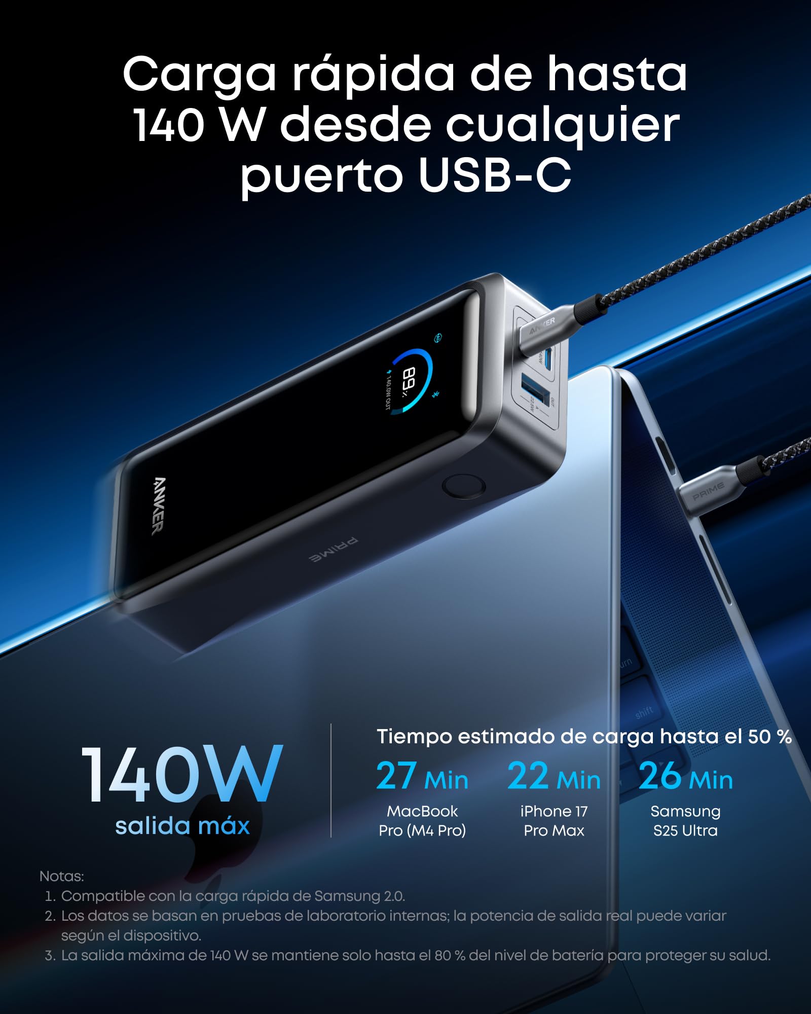 Anker Prime Power Bank 26.250 mAh, 300 W, 3 Puertos | Carga bidireccional, homologación TSA, control por app, para MacBook e iPhone 17/16. Base no incluida