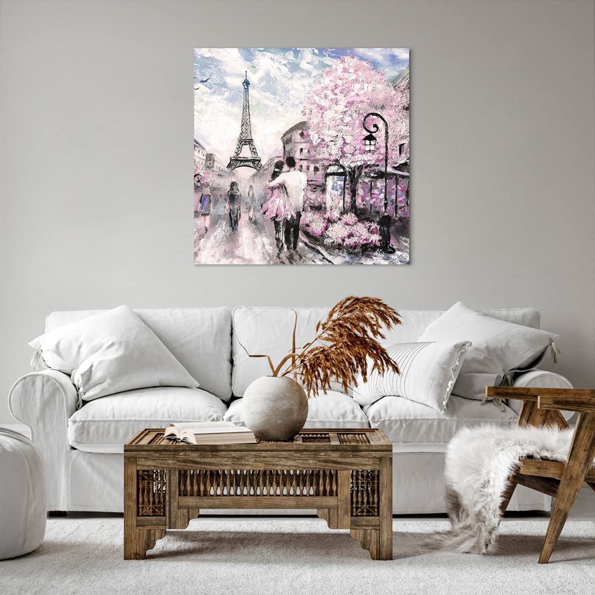 Cuadro Sobre Lienzo ARTTOR 70x100cm - Diseño Vertical Coche Y Torre Eiffel París, Decoración Moderna Para Pared