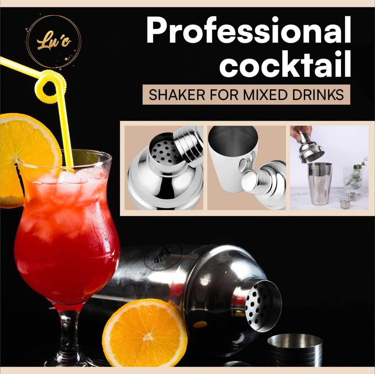 LU’C Cocktail Shaker Set Bartender Kit with Stand – Bar Set Drink Mixer with All Essential Accessory Tools: Martini Shaker, Jigger, Strainer, Mixer Spoon, Muddler, Liquor Pourers – Silver