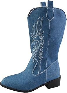 Botines para mujer con tacón de piel - Botines vintage bordados de vaquero de media caña botas occidentales con punta puntiaguda botas elegantes para mujer botas cálidas de invierno
