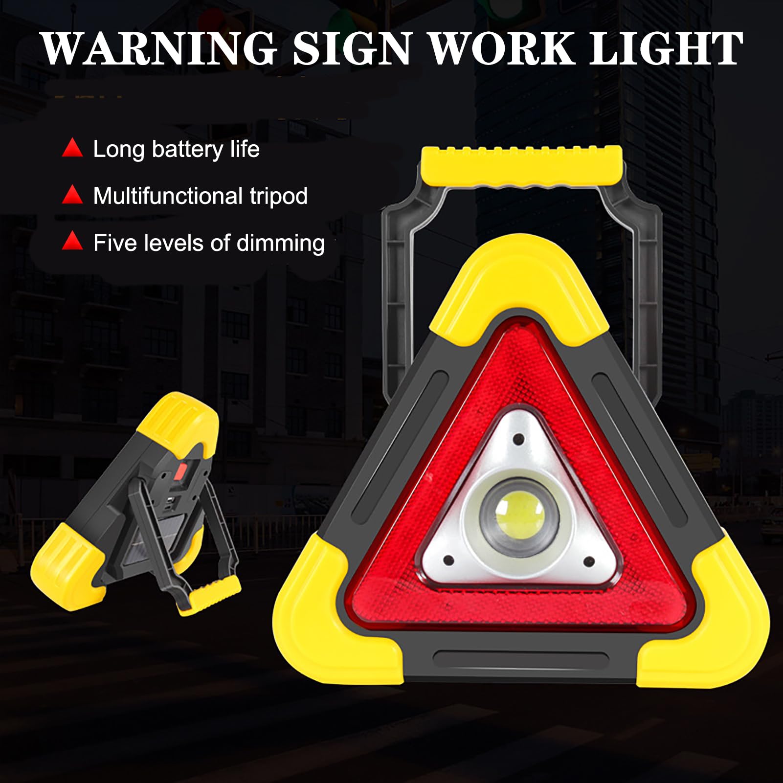 Safety Triangle Warning Light, Red LED Lights & COB Working Light Multiple Signals Waterproof Flood Lights for Car Roadside Emergency, 2000mA Rechargeable & Waterproof