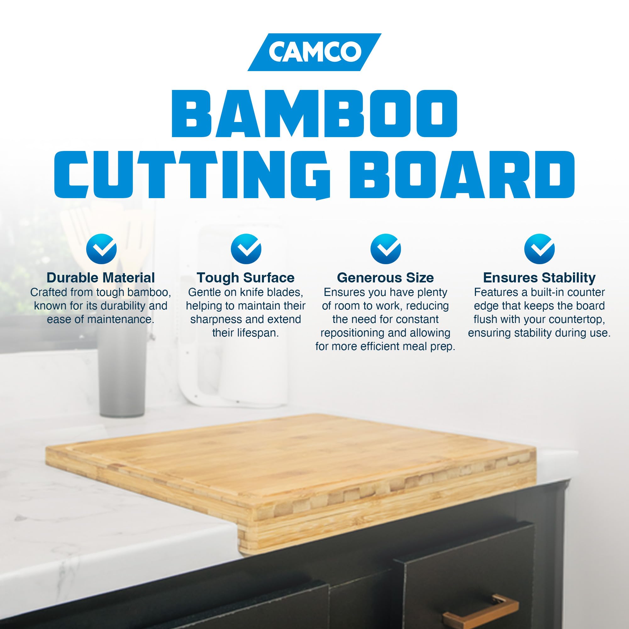 Camco 43545 Tabla de cortar de bambú con borde de mostrador | Perfecta para verduras, frutas, carnes y quesos | Mide 18 x 14 x 1-3/4 pulgadas, marrón