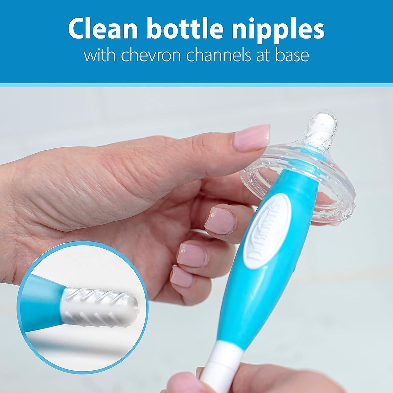Dr. Brown's Reusable Sponge Baby Bottle Cleaning Brush Set with Suction Cup Stand, Scrubber and Nipple Cleaner, Blue 3-Pack
