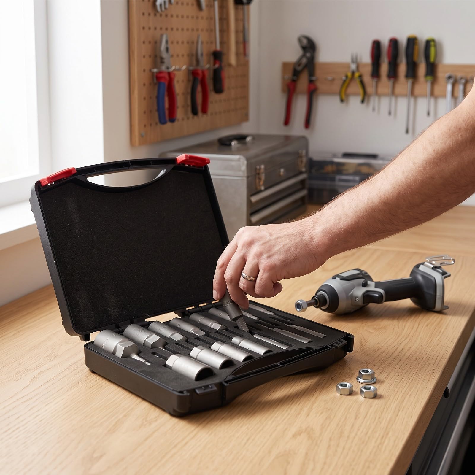 ViaGasaFamido Set di Bussole a Percussione con Custodia, 15 Pezzi | Struttura in Acciaio 40CR, Finitura Elettrolitica Resistente All'usura, Adatta a Trapani Elettrici per Riparazioni