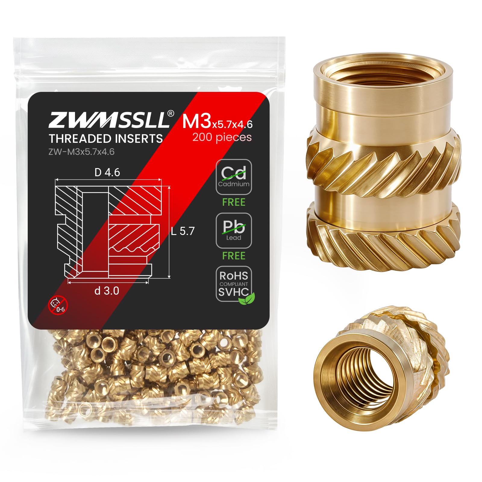 ZWMSSLL Heat-Set Threaded Inserts, M3x5.7x4.6mm Heat Set Insert for 3D Printing Components and Plastic Parts(200Pieces),Brass Metric Knurled Nuts — image 1