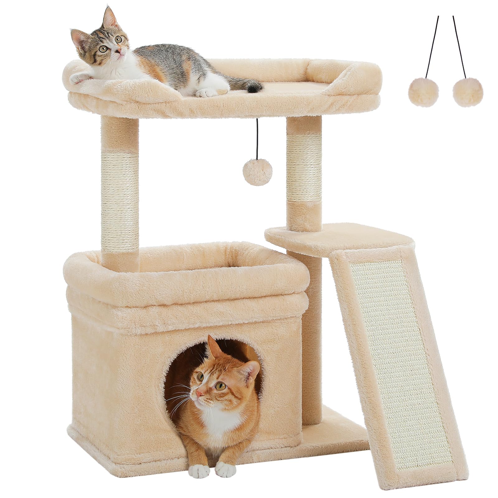 PEQULTI Small Cat Tree Tower for Indoor Cats with Large Perch, Beige
