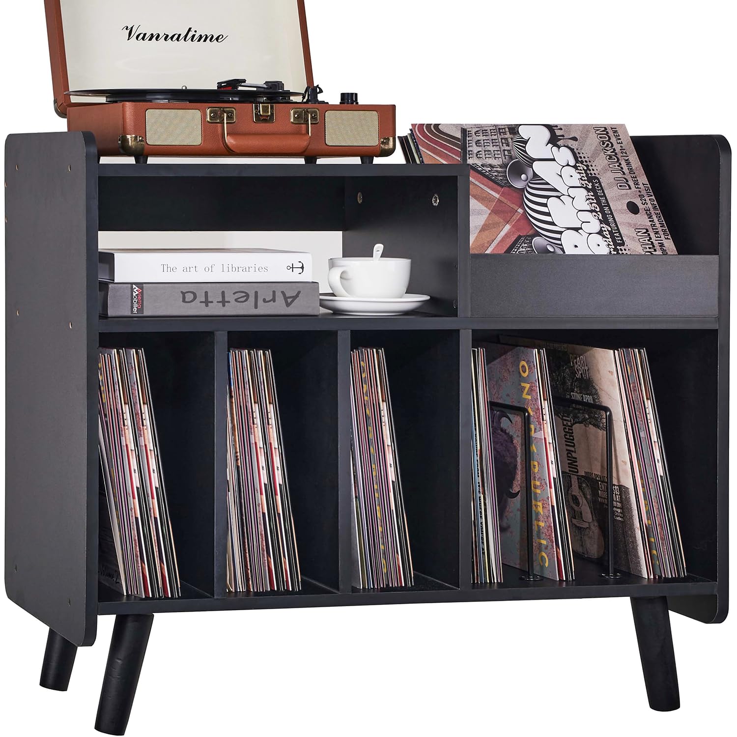 BEROXII Record Player Stand, Large Record Player Table Cabinet with Open Vinyl Storage and Display Shelf Holds up to 350 Albums, Mid Century Wood Turntable for Living Room, Bedroom, (Black)