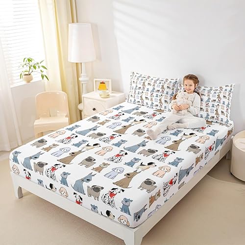 Erosebridal Juego de ropa de cama para niños con diseño de perros lindos y lindos dibujos animados, para niñas y niños, ropa de cama con temática de