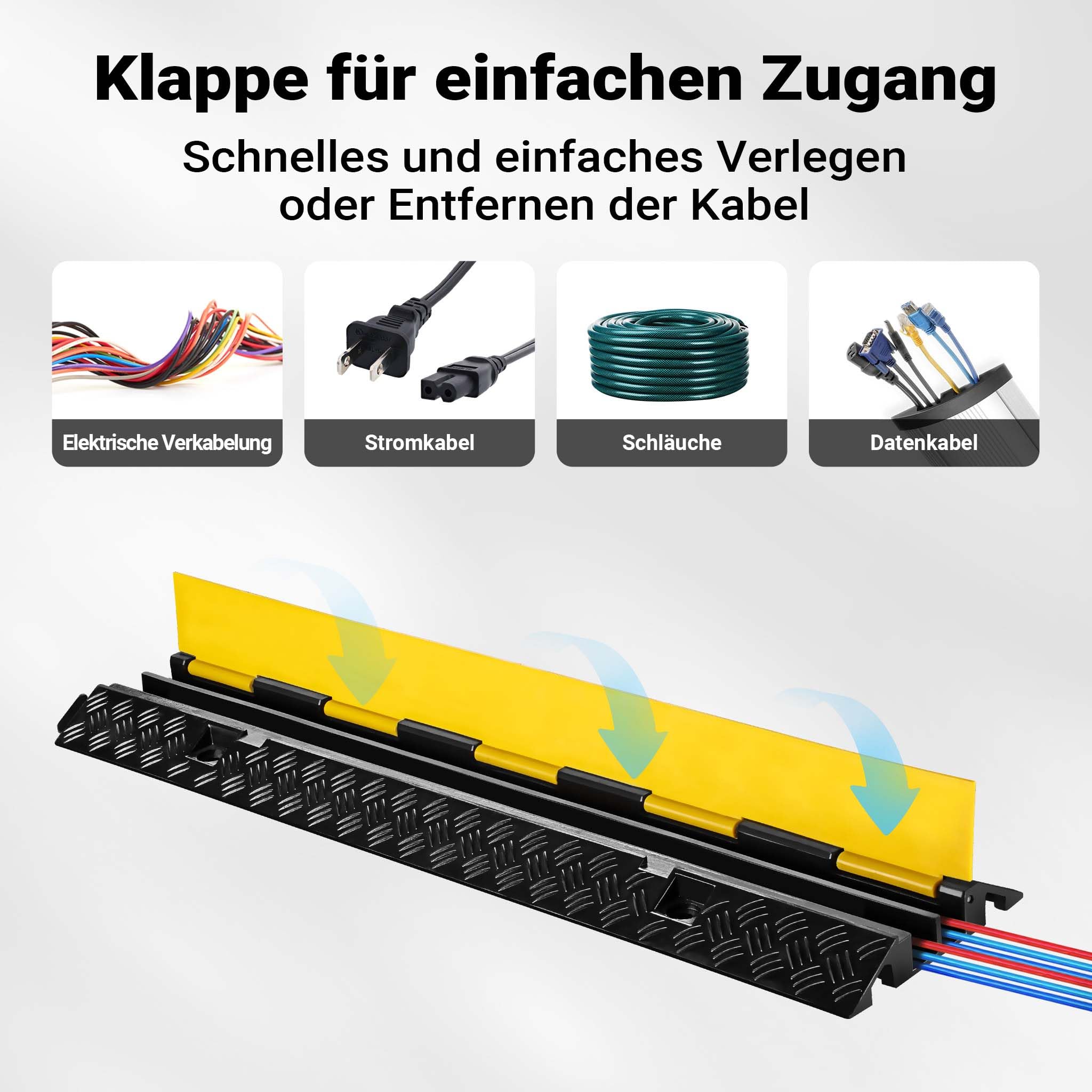 Wiltec Kanal Kabelbrücke 98 x 24 x 4,5 cm 4 Stück, Kabelkanal 13 t Tragkraft mit 2 Kanälen, Überfahrschutz bis 30 km/h, Kabel Trittschutz aus PP und Gummi