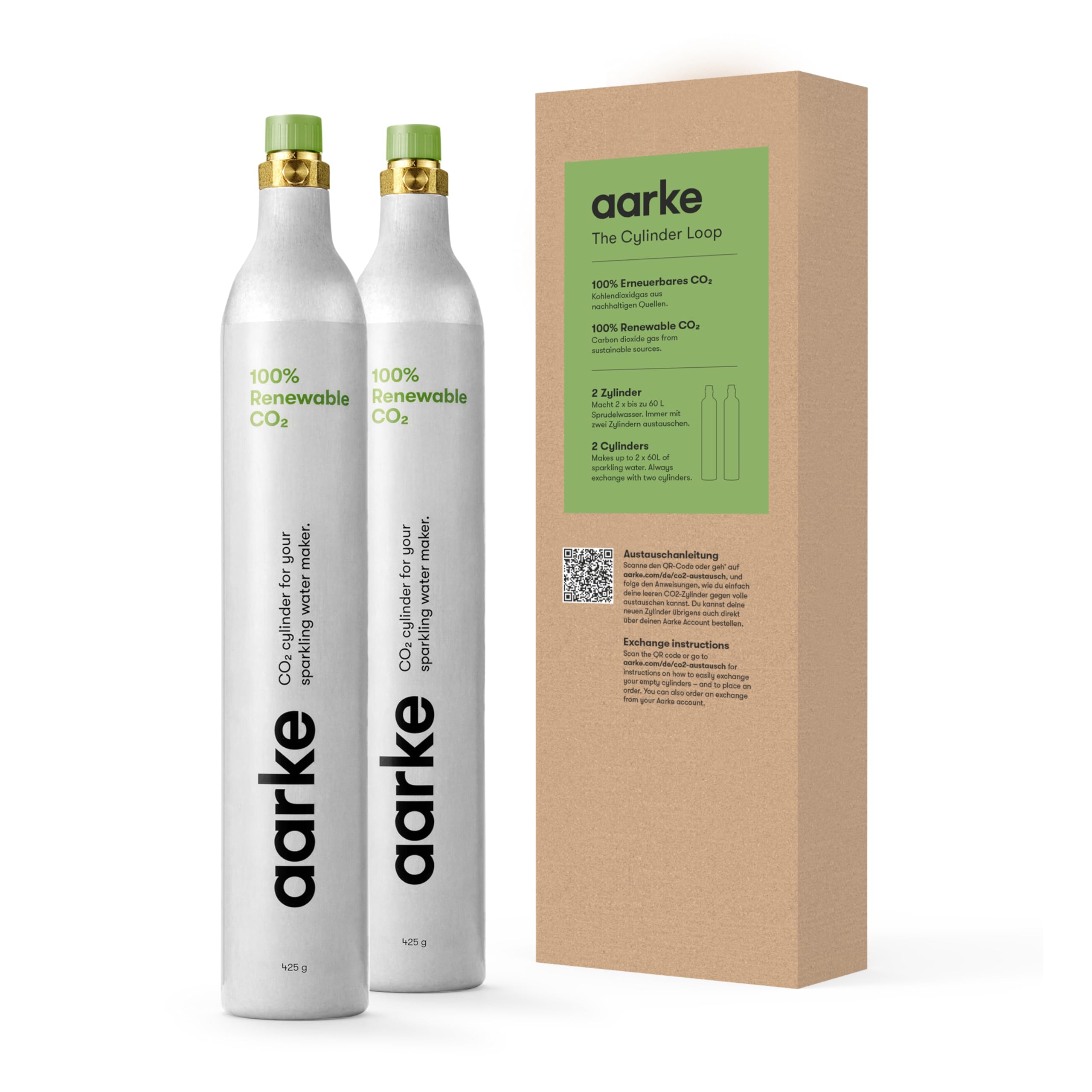 Aarke 2-pack 60L Gas Cylinder for Sparkling Water Maker, 100% Renewable CO2