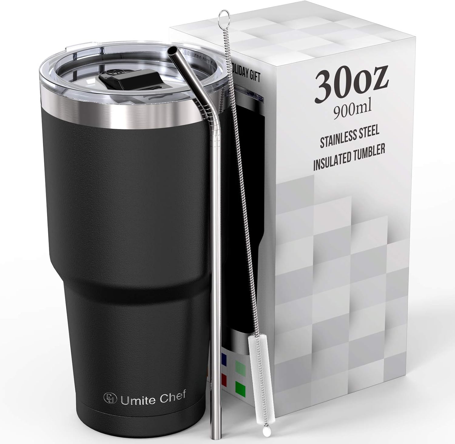 Umite Chef 30 oz Tumbler, Stainless Steel Vacuum Insulated Travel Tumbler Mug with lid, Double Wall Tumbler Coffee Mug Cup for Home, Office, Gift Box（Black）