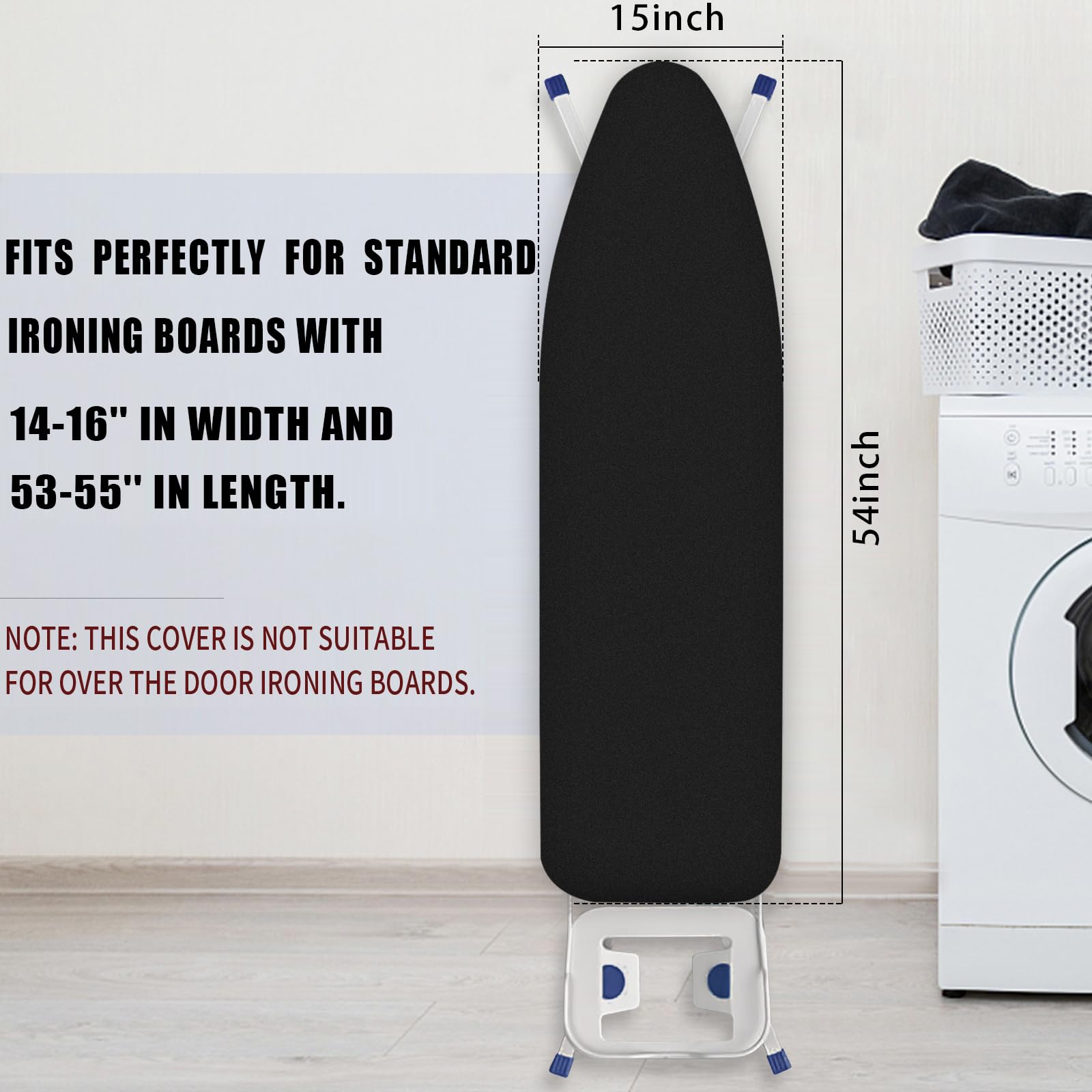Funda y almohadilla para tabla de planchar estándar de 15 x 54 pulgadas con borde elástico y cierres de velcro, fundas de algodón resistentes a quemaduras y manchas (negro)