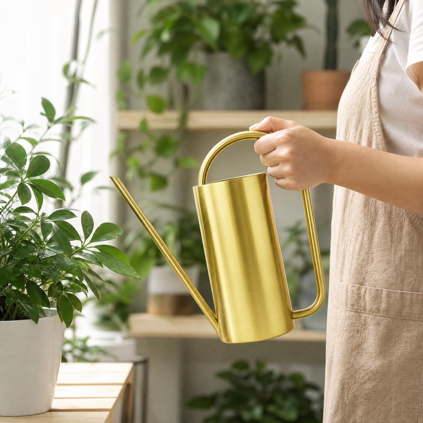 Annaffiatoio in Acciaio con Capacità da 1500 Ml E Beccuccio Lungo per Innaffiare Piante da Giardino E Contenitori da Terrazzo con Controllo, Oro