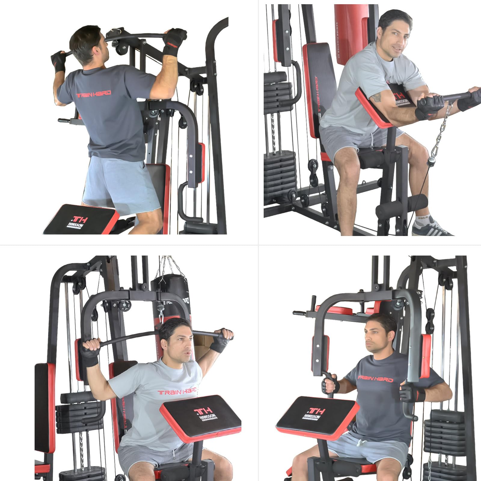 TrainHard® - Estación de entrenamiento para gimnasio en casa, incluye prensa de piernas, estación de inmersión, elevador de piernas y banco para sentadillas