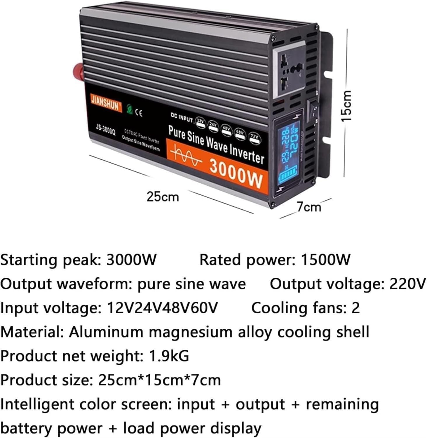 Inverter A Onda Sinusoidale Pura da 3000W 4000W 5000W 6000W per Auto da CC 12V 24V 48V 60V 72 V A CA 110V 120V/220V - 240V, Adatto per Abitazioni, Auto E Camper(3000W,60V to 110V)