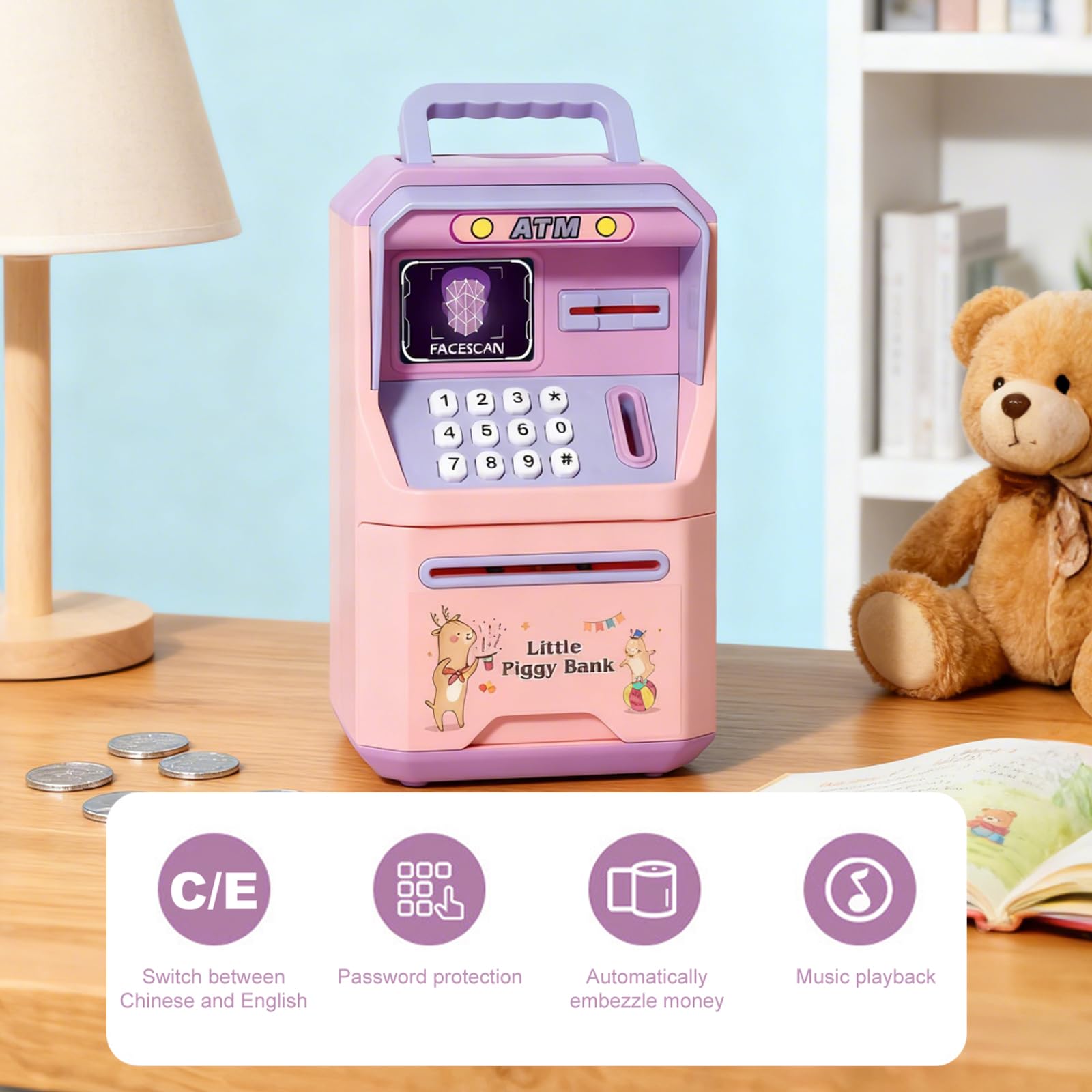 Salvadanaio Elettronico, Cassaforte Salvadanaio Elettronico con Codice, Mini Bancomat con Musica, ATM Digitale Automatico Regalo di Compleanno(Rosa)