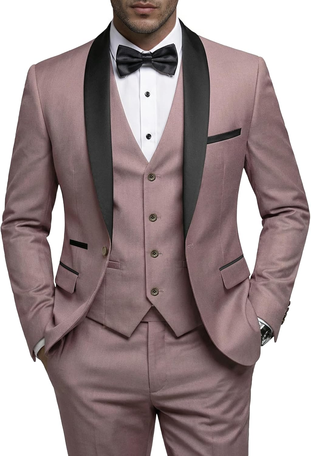 YND Men's 3 Piece Tuxedo Set with Bow Tie, Slim Fit One Button Shawl Lapel Suit Blazer Vest Pants, for Wedding Prom Dinners