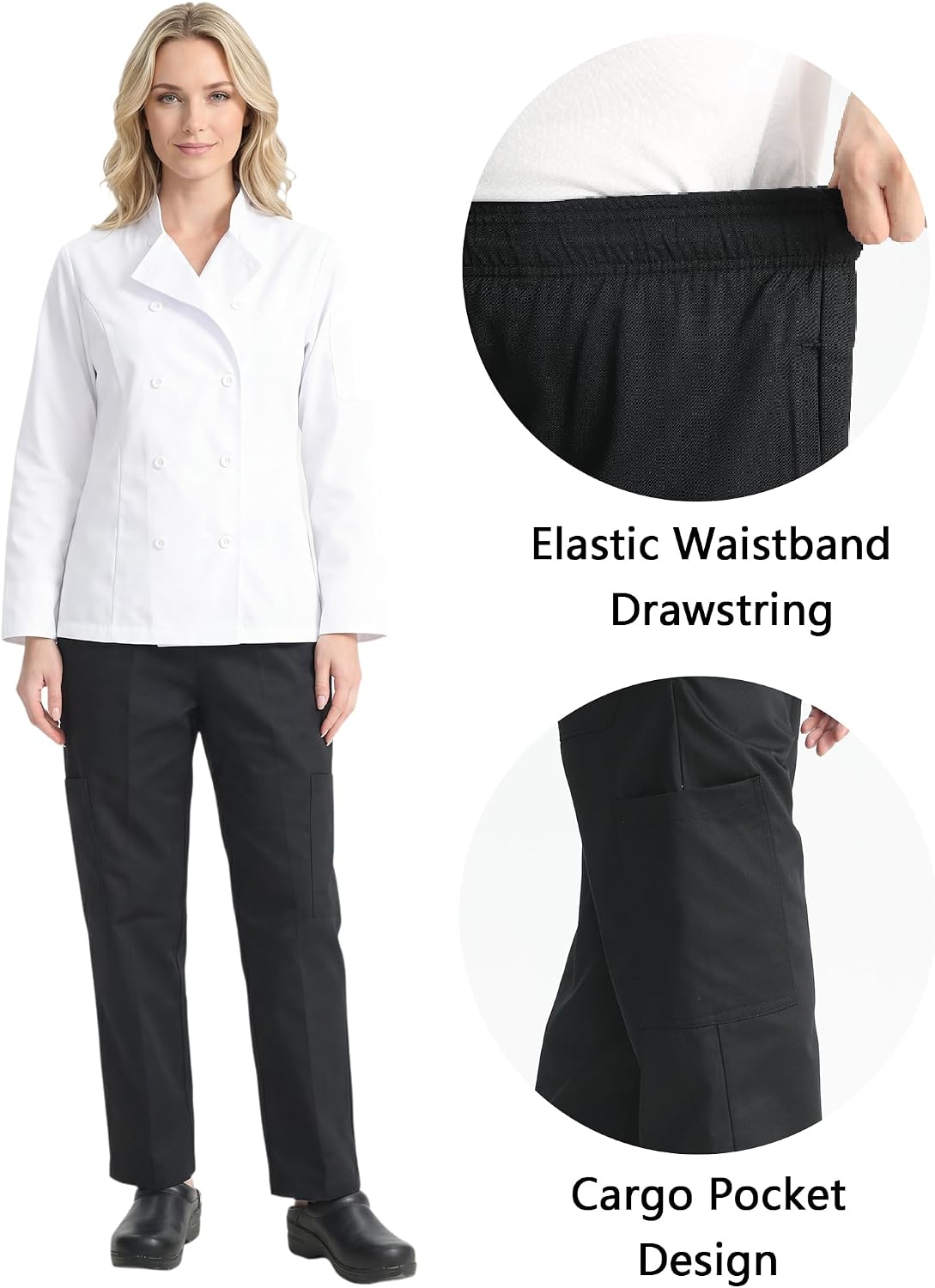 KITCHIEF Women's Black Cargo Pants Baggy Chef Pants for Women Chef Server Work Pants for Kitchen,Restaurant -Drawstring Waist
