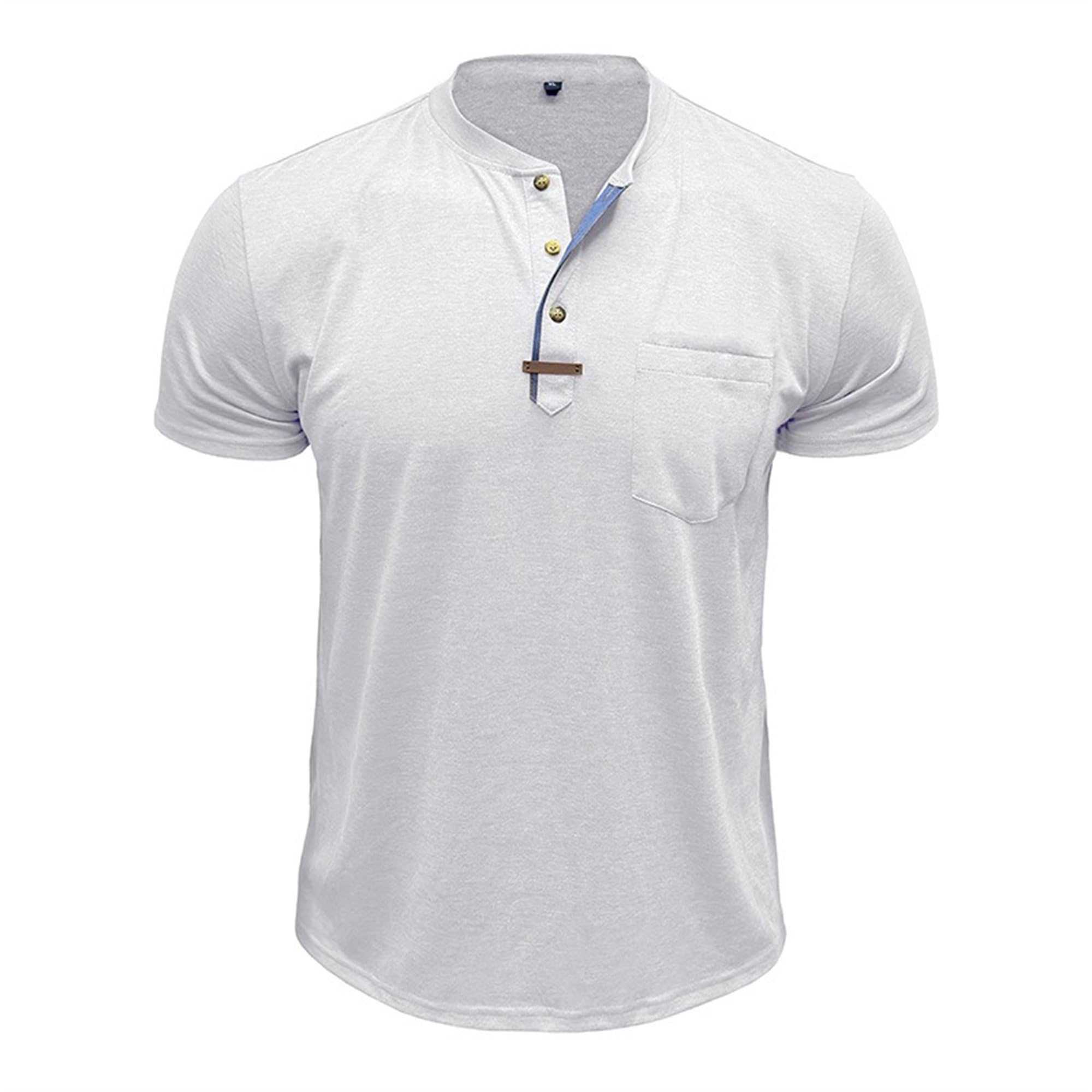 Men Round Neck Henry Collar Casual Shirt Quarter Button Chest Pocket T Shirt Summer Classic Sport Pullover Tops (White,X-Large)