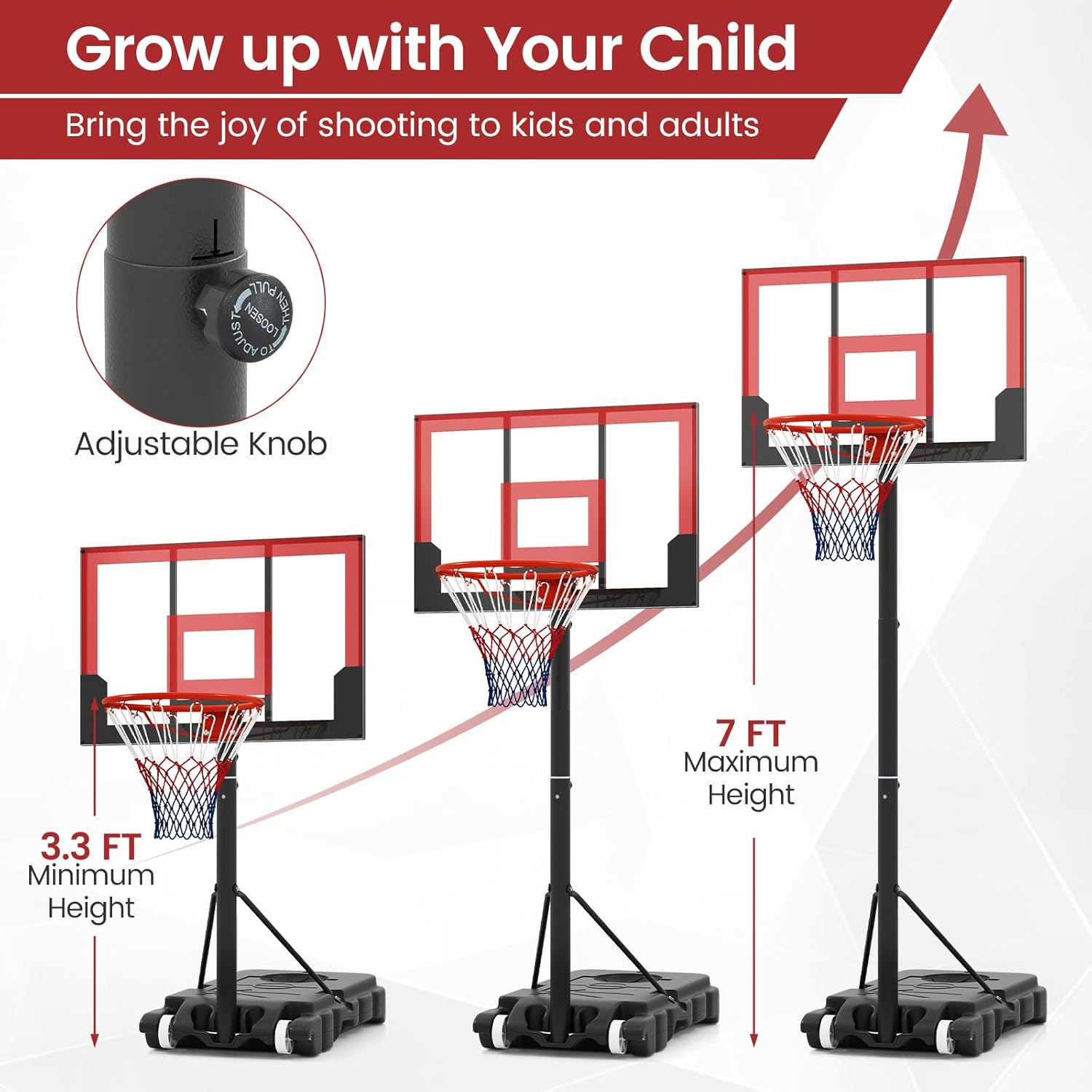 OLAKIDS Basketball Hoop Outdoor, Portable 3.3-7 FT Height Adjustable Goal System with Wheels Shatterproof Backboard, Fillable Base for Kids Youth Teens Adults Driveway Backyard Pool Indoor