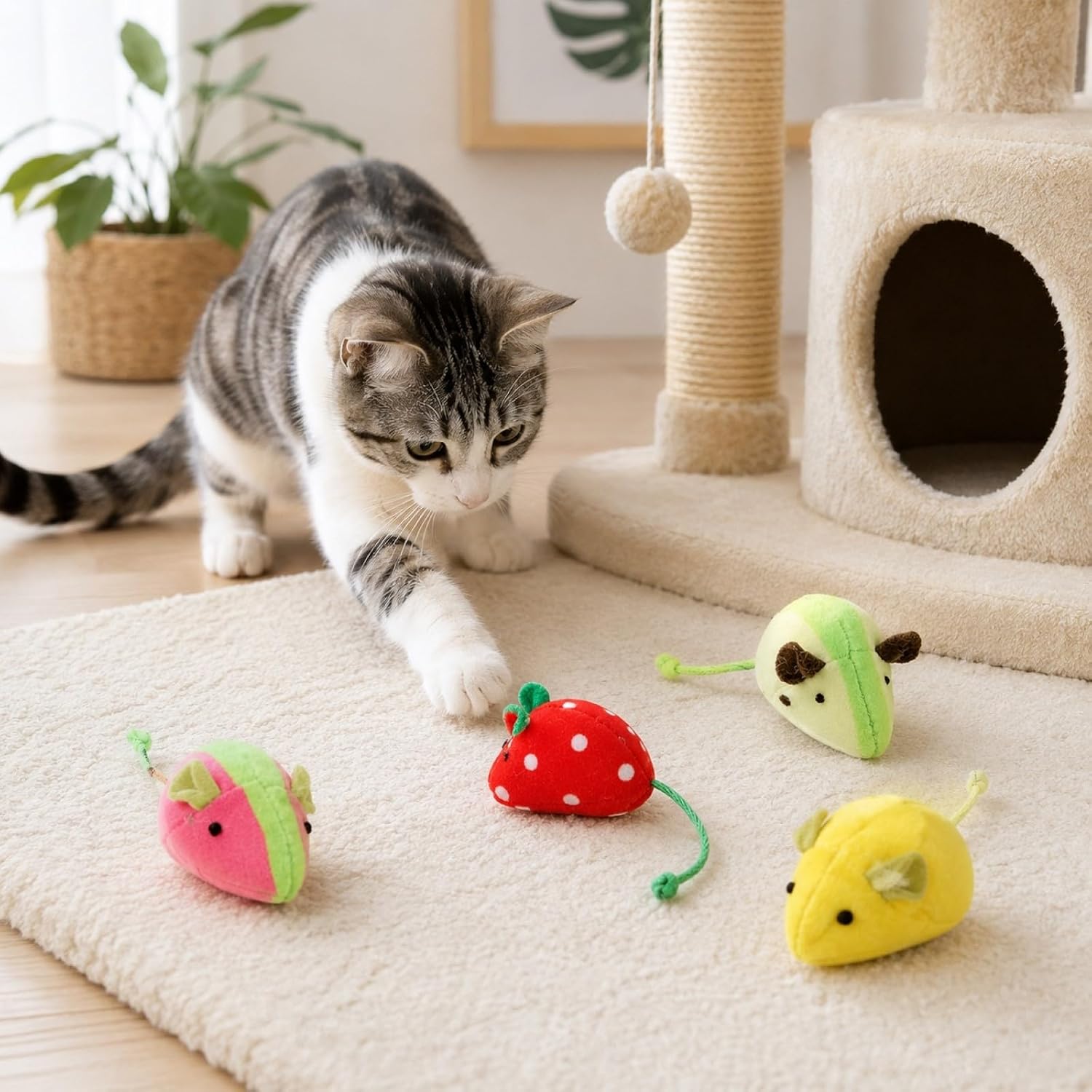 LOGOFUN 4PCS Catnip Mouse Toys Fruit Shaped Plush Mice | Soft Fruit-Shaped Catnip Mice For Chasing, Batting And Indoor Cat Enrichment