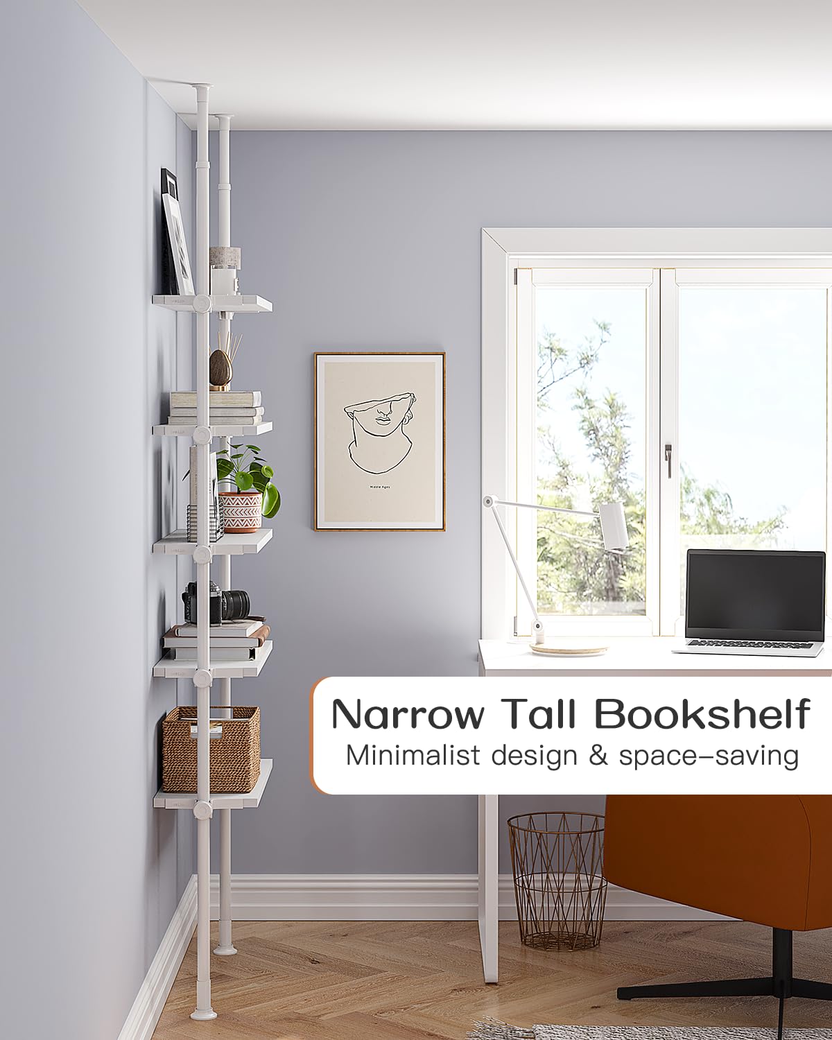 ALLZONE Libreria stretta a 5 livelli, scaffale alto regolabile con contenitore aperto, supporto a tensione dal pavimento al soffitto, libreria industriale in legno per soggiorno, da 233 a 300 cm